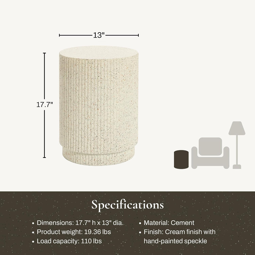 LuxenHome 18" Cement Outdoor Side Table, Cream Round End Tables for Patio