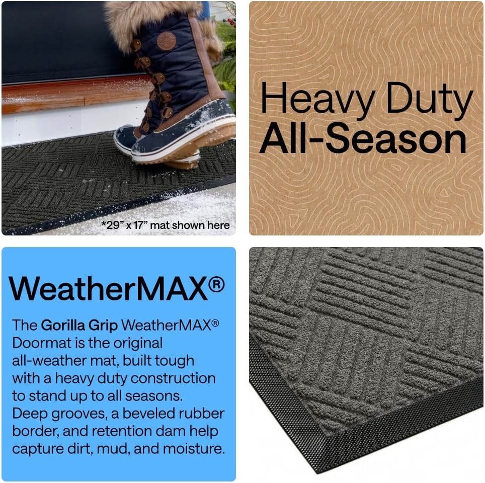 GORILLA GRIP WeatherMAX Door Mat, Indoor Outdoor Use, 35x23, Gray Diamond