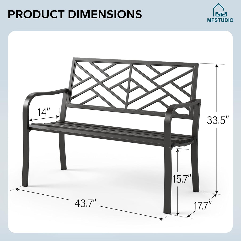 MFSTUDIO 43.7” Cast Iron Outdoor Garden Bench, Geometric Backrest, Black
