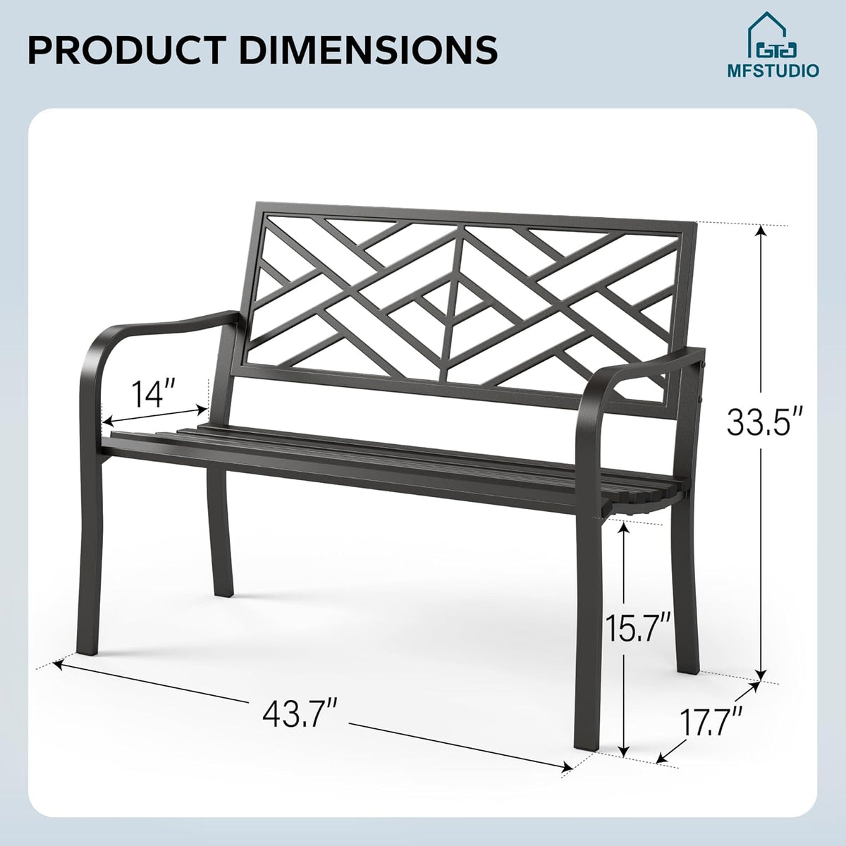 MFSTUDIO 43.7” Cast Iron Outdoor Garden Bench, Geometric Backrest, Black
