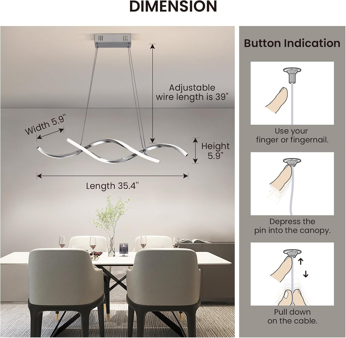 NOXARTE Modern LED Chandelier Dimmable Hanging Ceiling Light, Silver Pendant Light Fixture with Remote Control for Dining Room Kitchen Island Office Over Table 35.4 Inch