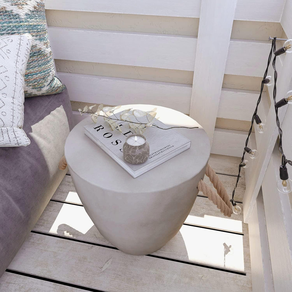 HOMPUS Concrete Outdoor Side Table Drum Accent Light Gray Modern End Table
