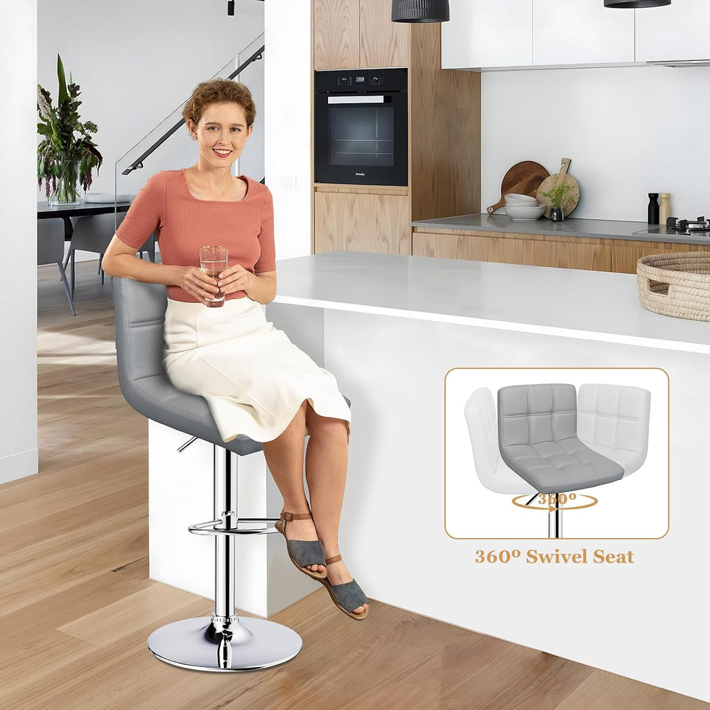Bar Stools Set of 2 Adjustable Height Barstools with Back, Light Gray