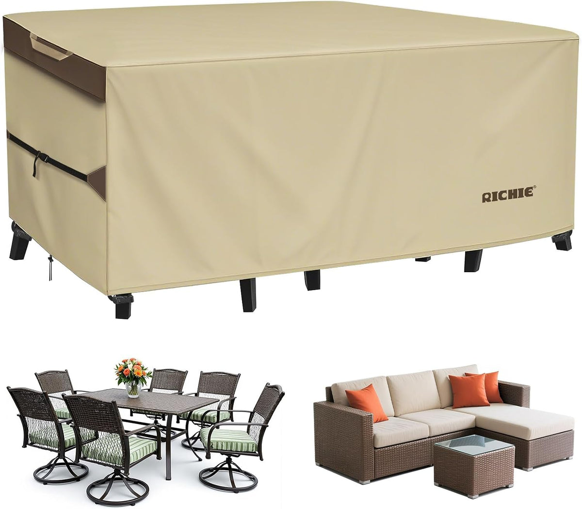 RICHIE Outdoor Patio Furniture Cover - Heavy Duty Waterproof 600D Tough Canvas Protector for Rectangular Table Cover, All-Season Dining Table and Chair Covers (96L x 44W x 28H Inch)