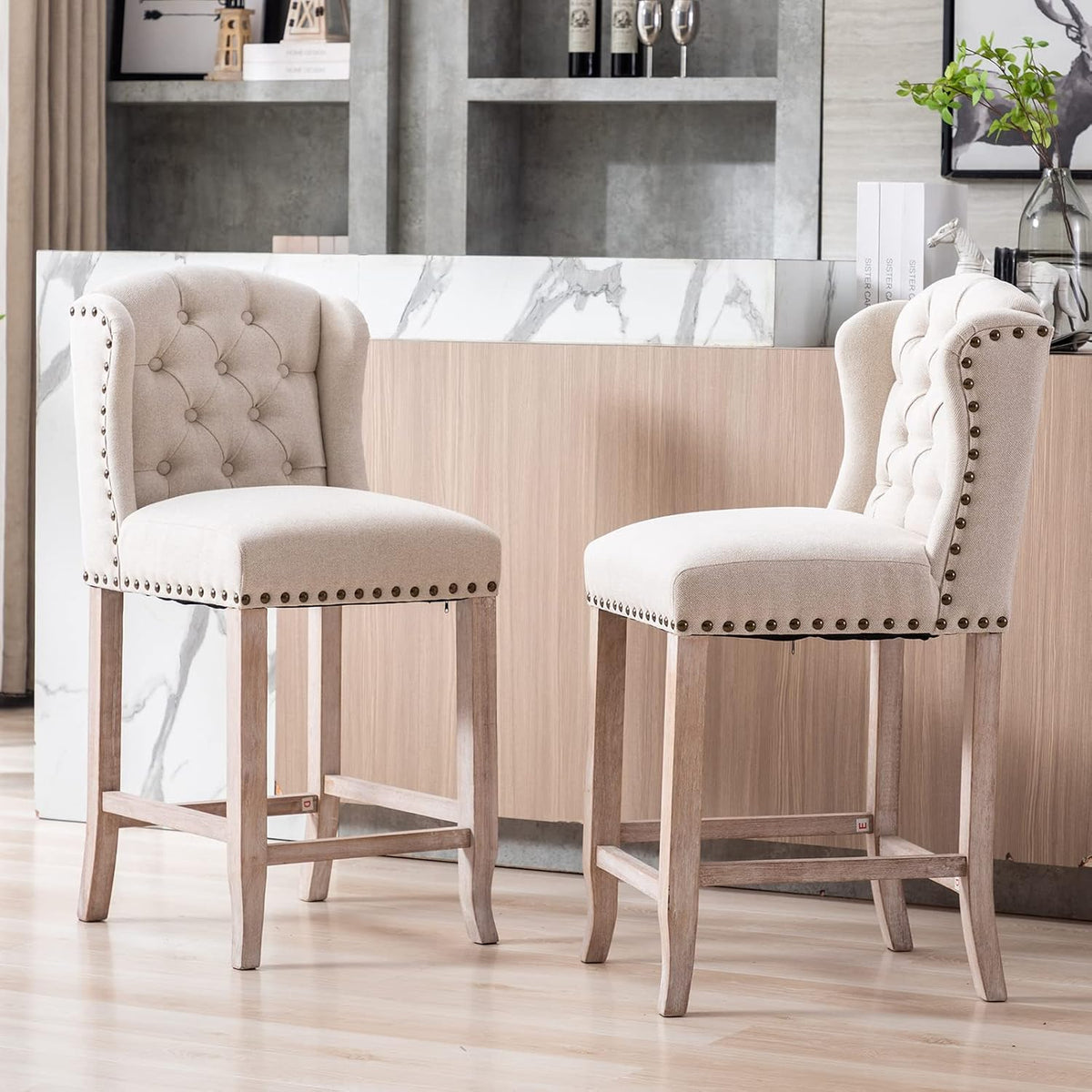 DUOMAY Tufted 26" Counter Stools Set of 4, Linen Beige