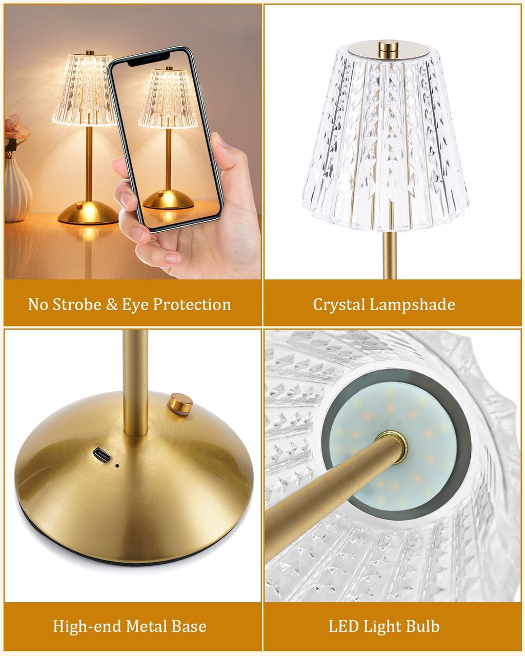 nusogon 2 pack cordless crystal table lamps, rechargeable, package contents