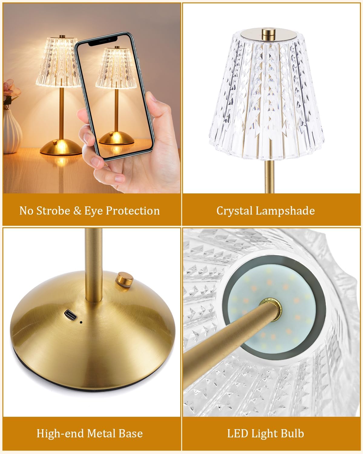 nusogon 2 pack cordless crystal table lamps, rechargeable, package contents