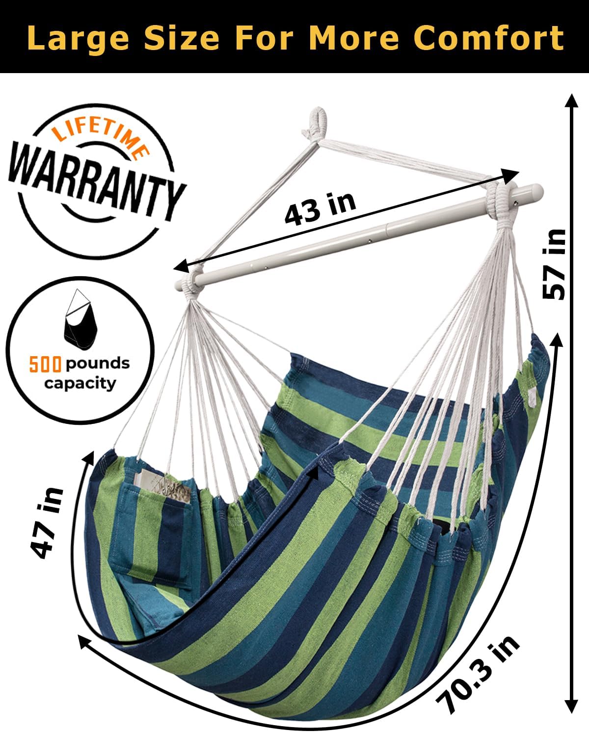 XXL Hammock Chair Hanging Rope Swing with 2 Cushions - Max 500lbs-Perfect for Patio, Porch, Bedroom, Backyard, Indoor or Outdoor - Includes Hanging Hardware Kits