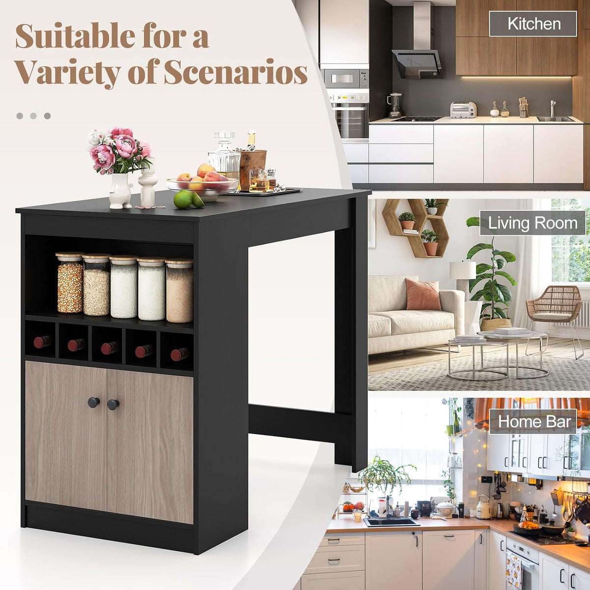 COSTWAY 48" Bar Table with Storage Cabinet & Wine Rack, Home Dining Table