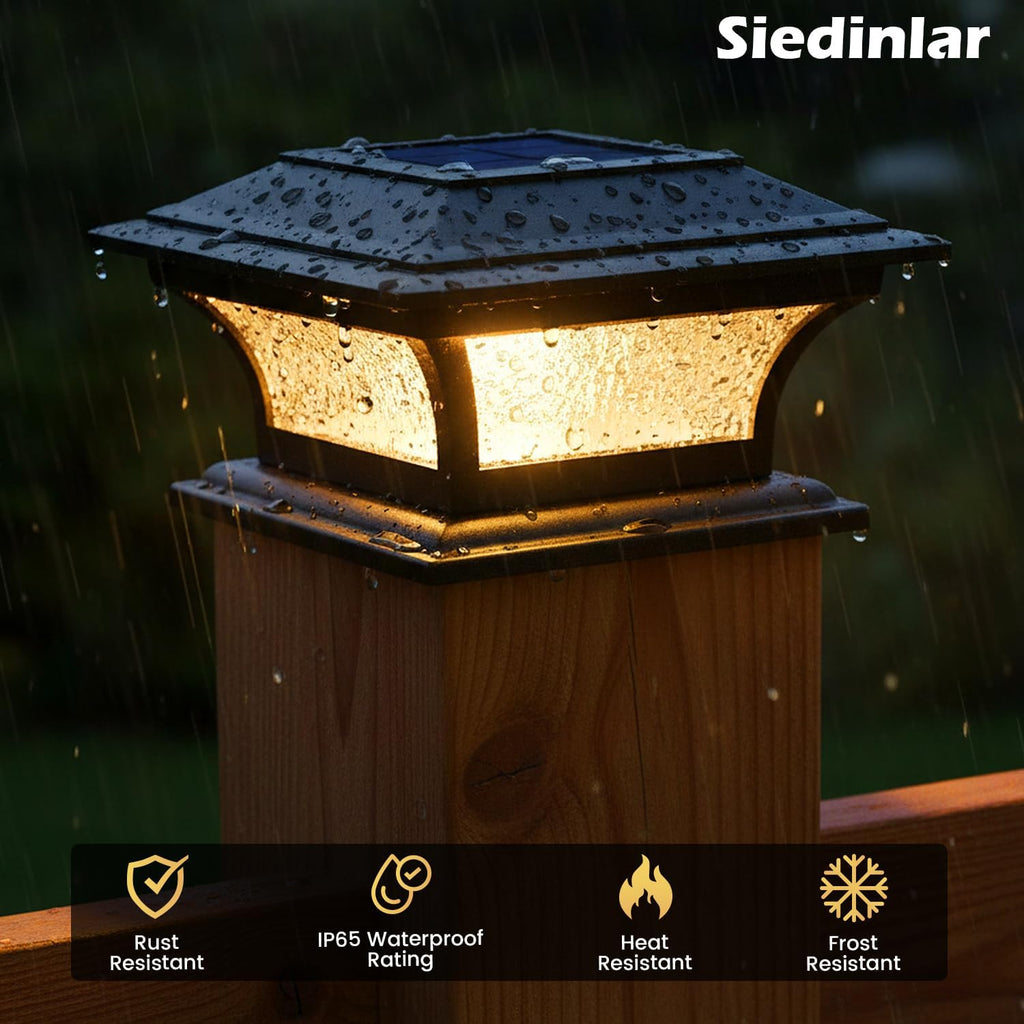 SIEDiNLAR Solar Post Lights Outdoor Glass, 2 Modes 4 Pack Black, Warm/White