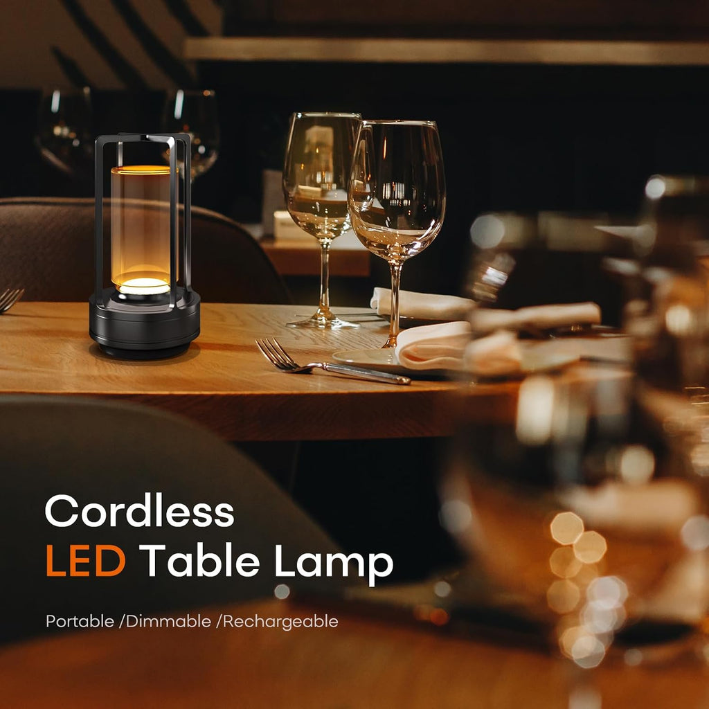 rechargeable cordless small metal table lamp, stepless dimming shown in use