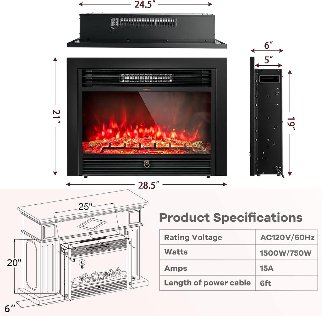 GLACER 28.5'' Electric Fireplace Insert, Recessed & Freestanding with Adjustable Flame Color Timer, Indoor Heater w/Remote Control (750W/1500W) Black