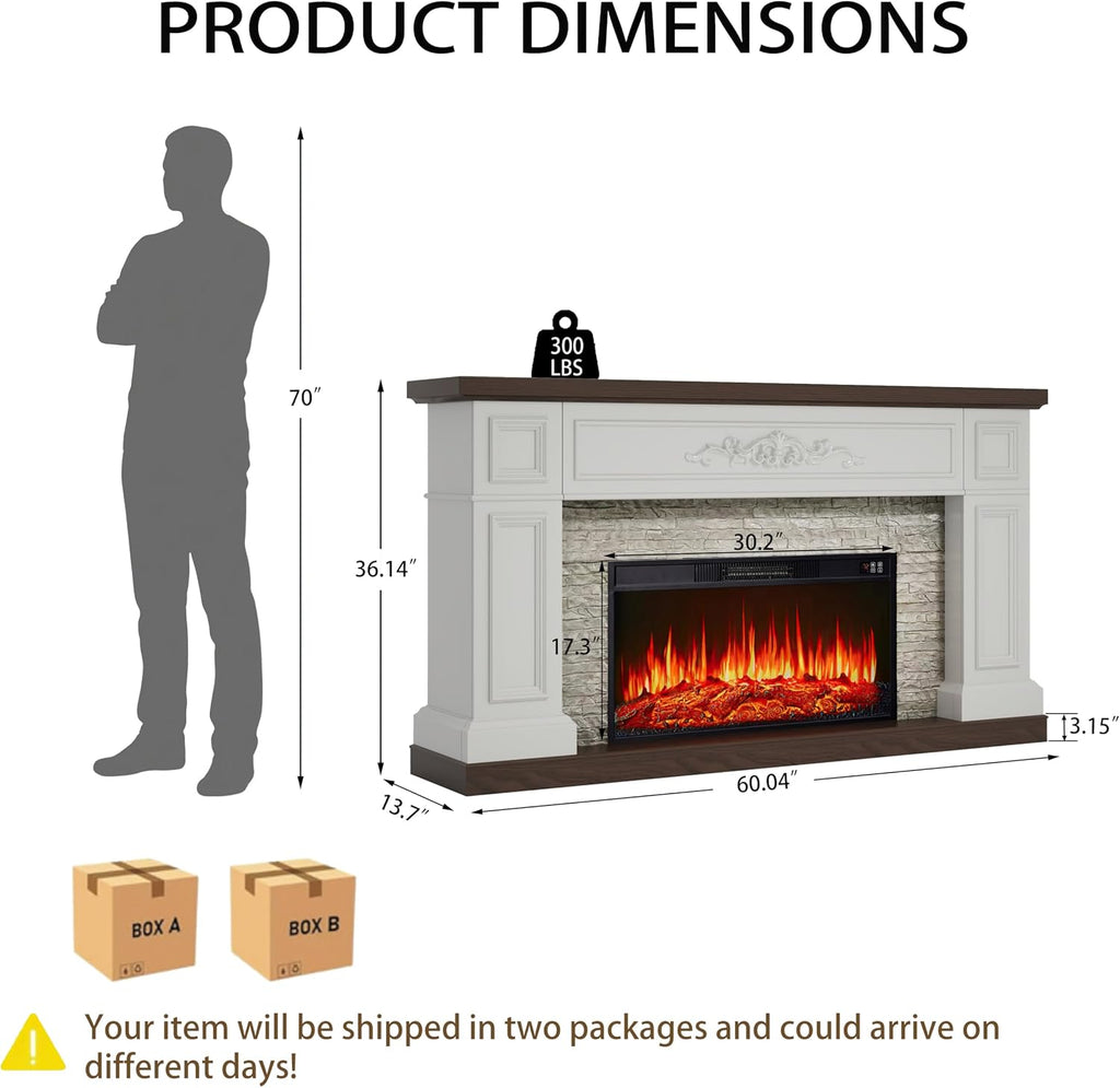 BOSHIRO 60" Landscape Solid Wood Electric Fireplace with Mantel
