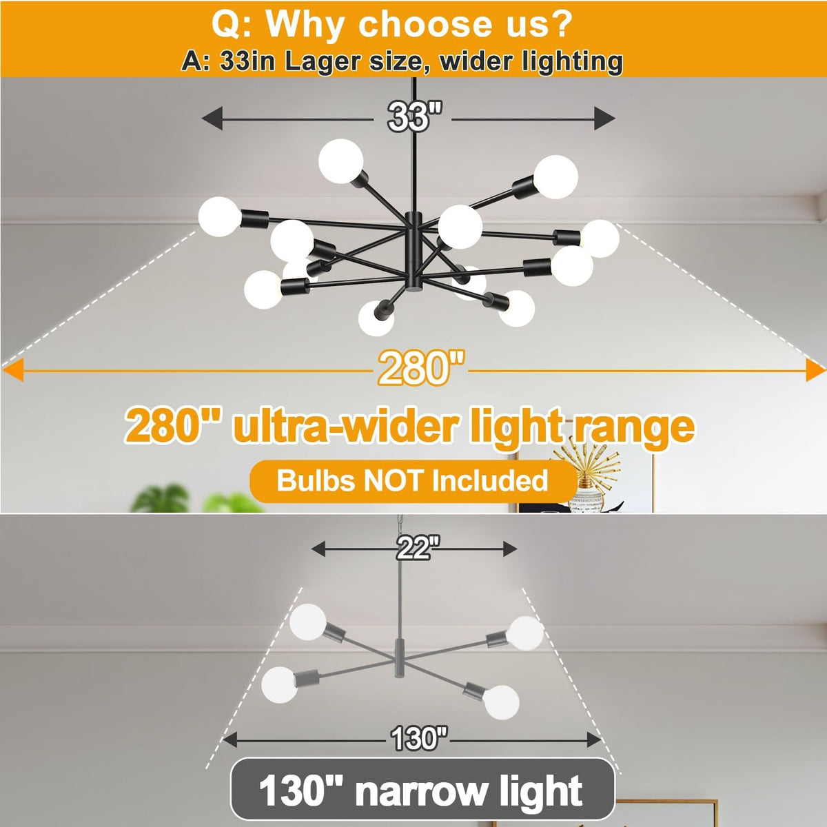 11"-52" Height Adjustable Modern Chandelier Ceiling Light Fixture, 12-Light Sputnik Chandeliers Matte Black Mid Century Chandelier Over Table, Chandeliers for Dining Room Living (Bulbs Not Included)