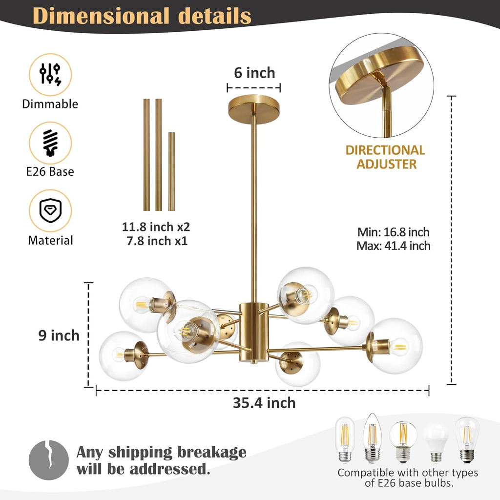 bagood 8-light globe sputnik chandelier modern gold sputnik, side view