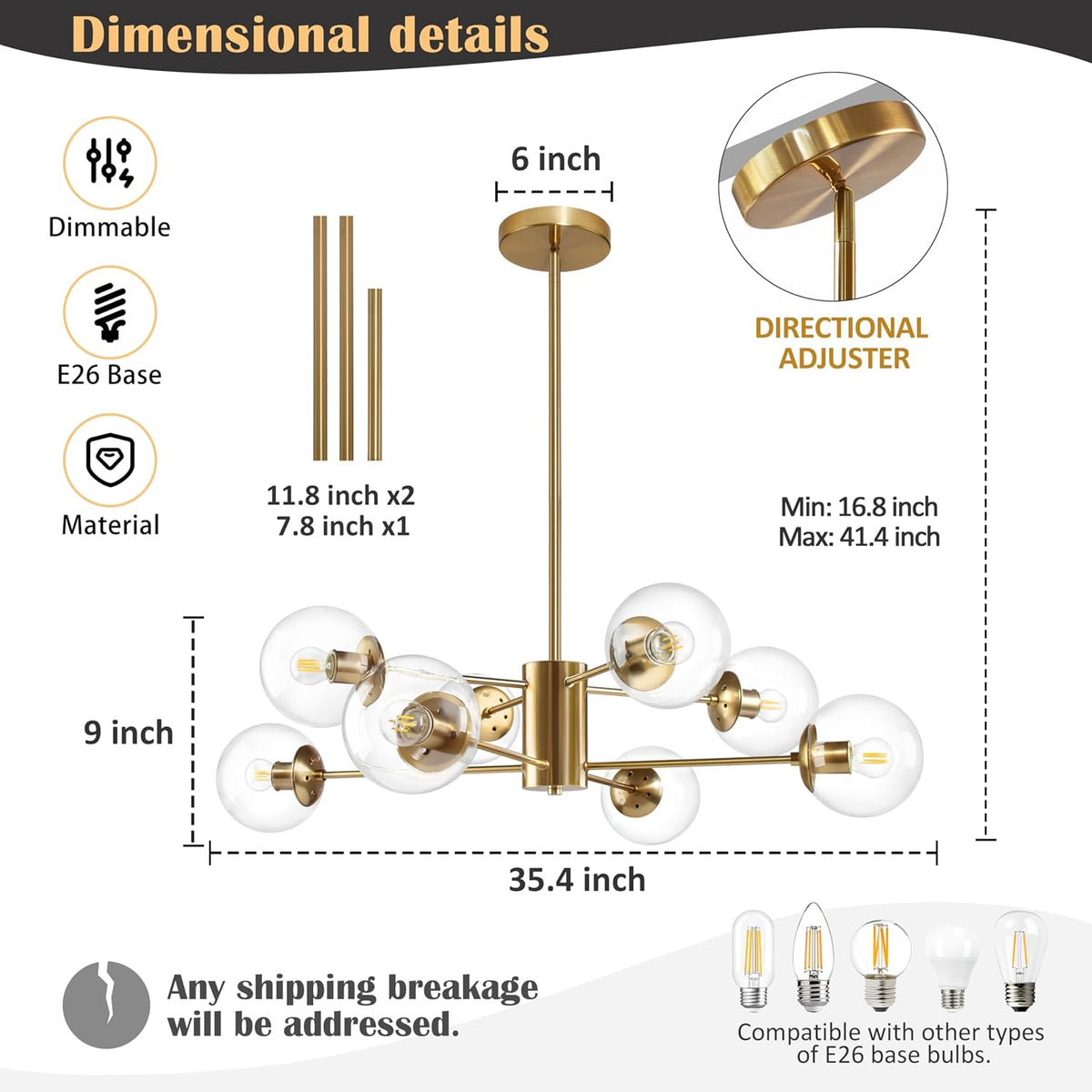bagood 8-light globe sputnik chandelier modern gold sputnik, side view