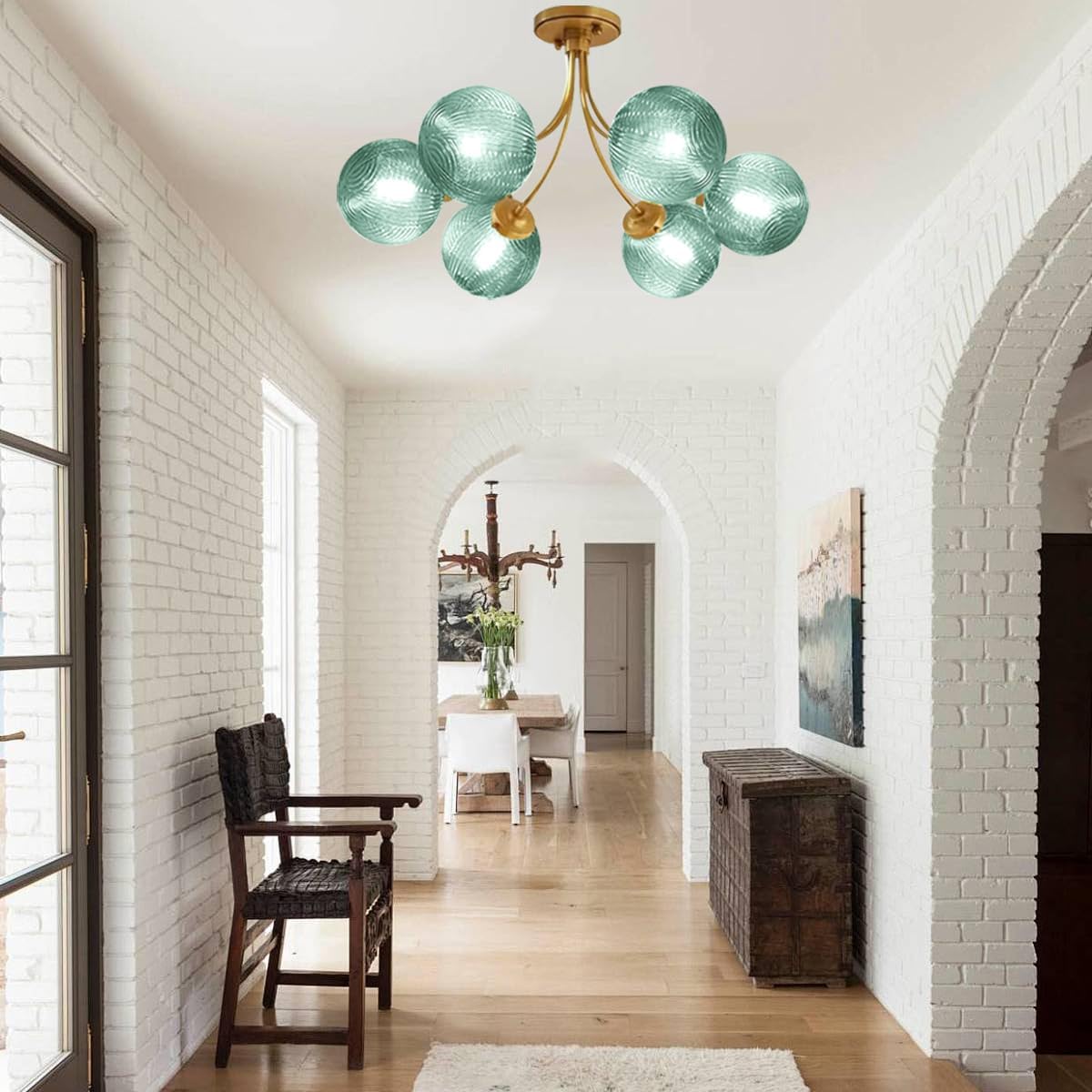 mid century sputnik chandelier 6-light green ceiling light, close-up detail