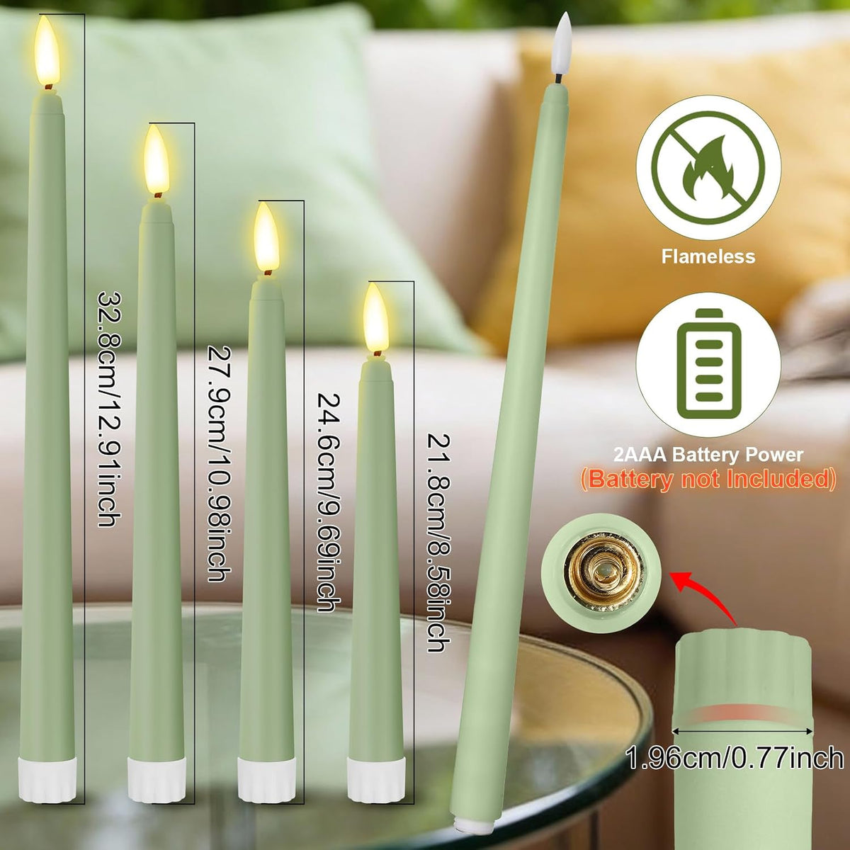 Rossesay 48 Pcs Flameless LED Taper Candles Battery Operated Candles 4 Sizes of 8.5'', 9.65'', 10.83'', 12.8'' Flameless Candlesticks Flickering for Halloween Christmas Church Wedding(Sage Green)