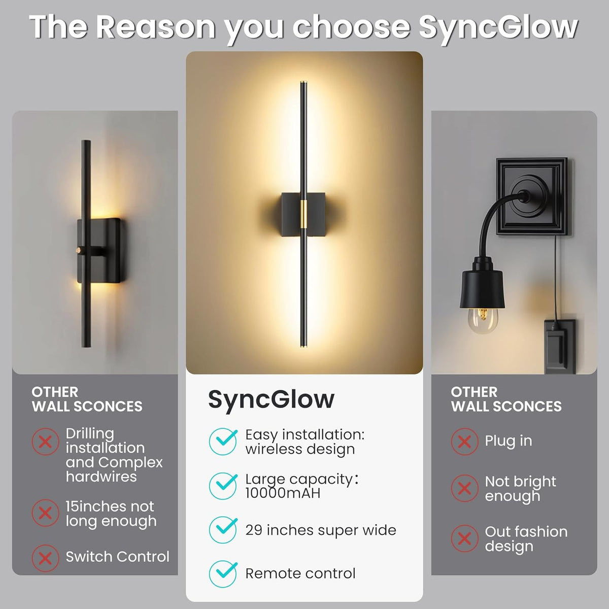 10000mAh Battery Operated Wall Sconces Set of 2, Black Gold-29Inch