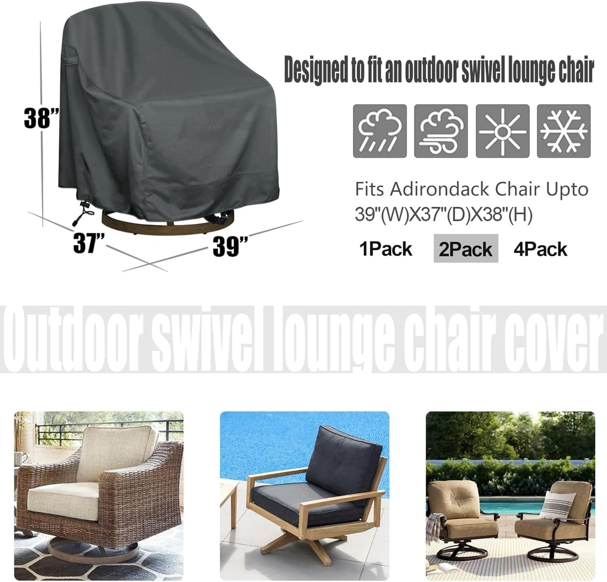 Patio Swivel Chair Covers 2 Pack, 39 x 37 x 38.5 in, Waterproof Gray