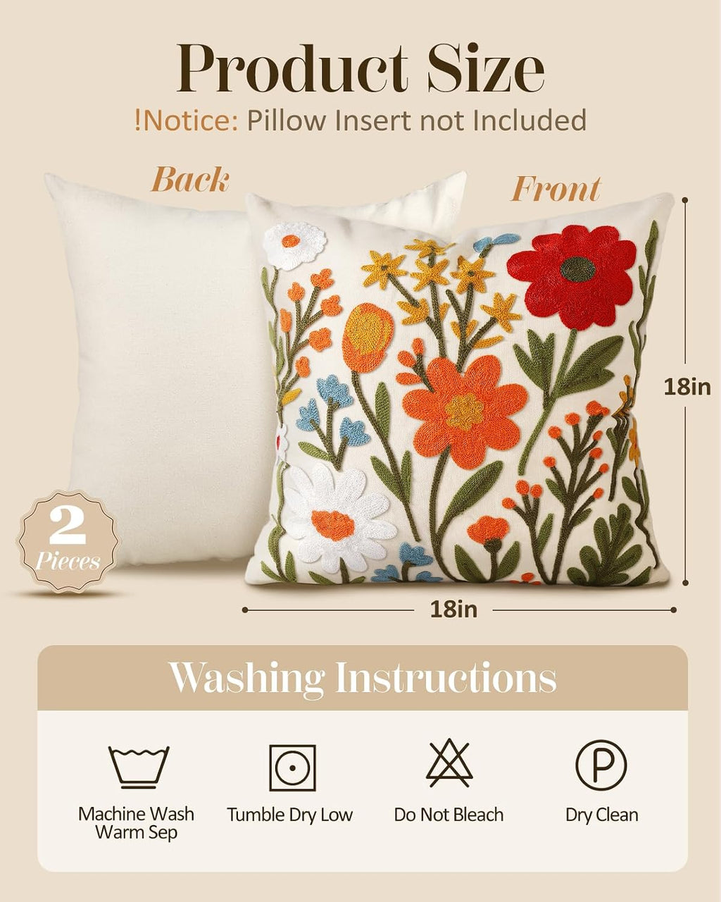 embroidered throw pillow covers 18x18 inch, 2pack, flower, side view