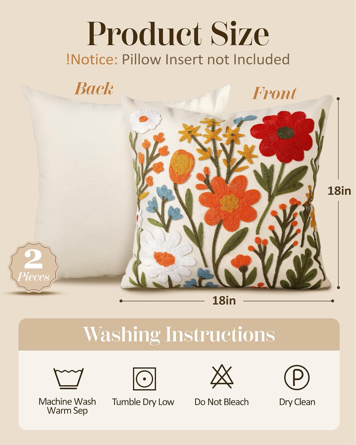 embroidered throw pillow covers 18x18 inch, 2pack, flower, side view