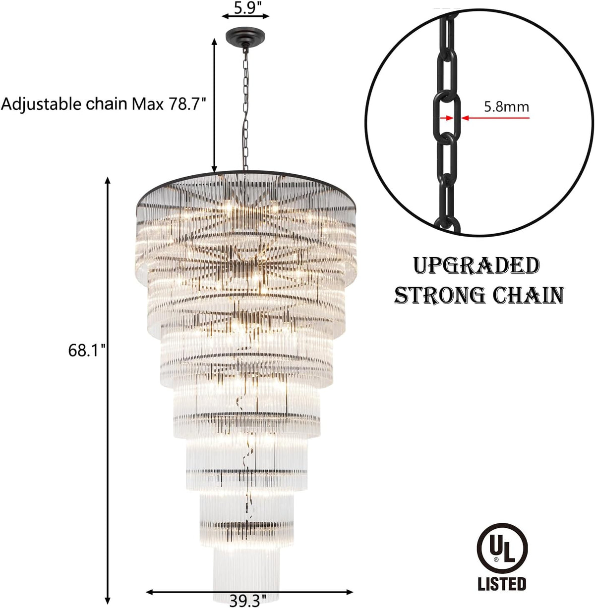 Large Black Chandelier for High Ceiling H68" 7-Tier Glass Chandelier Modern