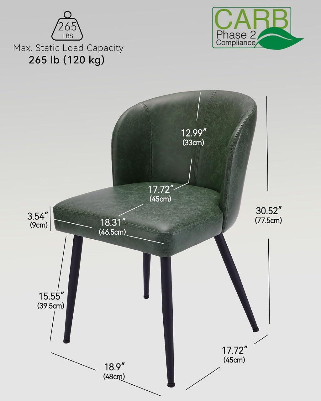 Susalt Upholstered Faux Leather Dining Chairs Set of 2, Green