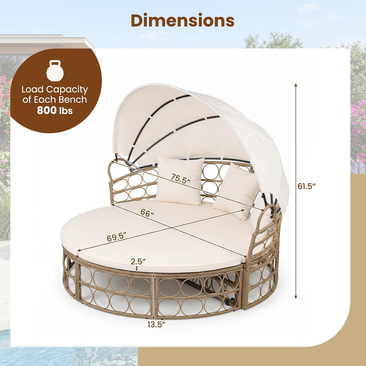 Tangkula Round Outdoor Patio Daybed with Retractable Canopy & Cushions