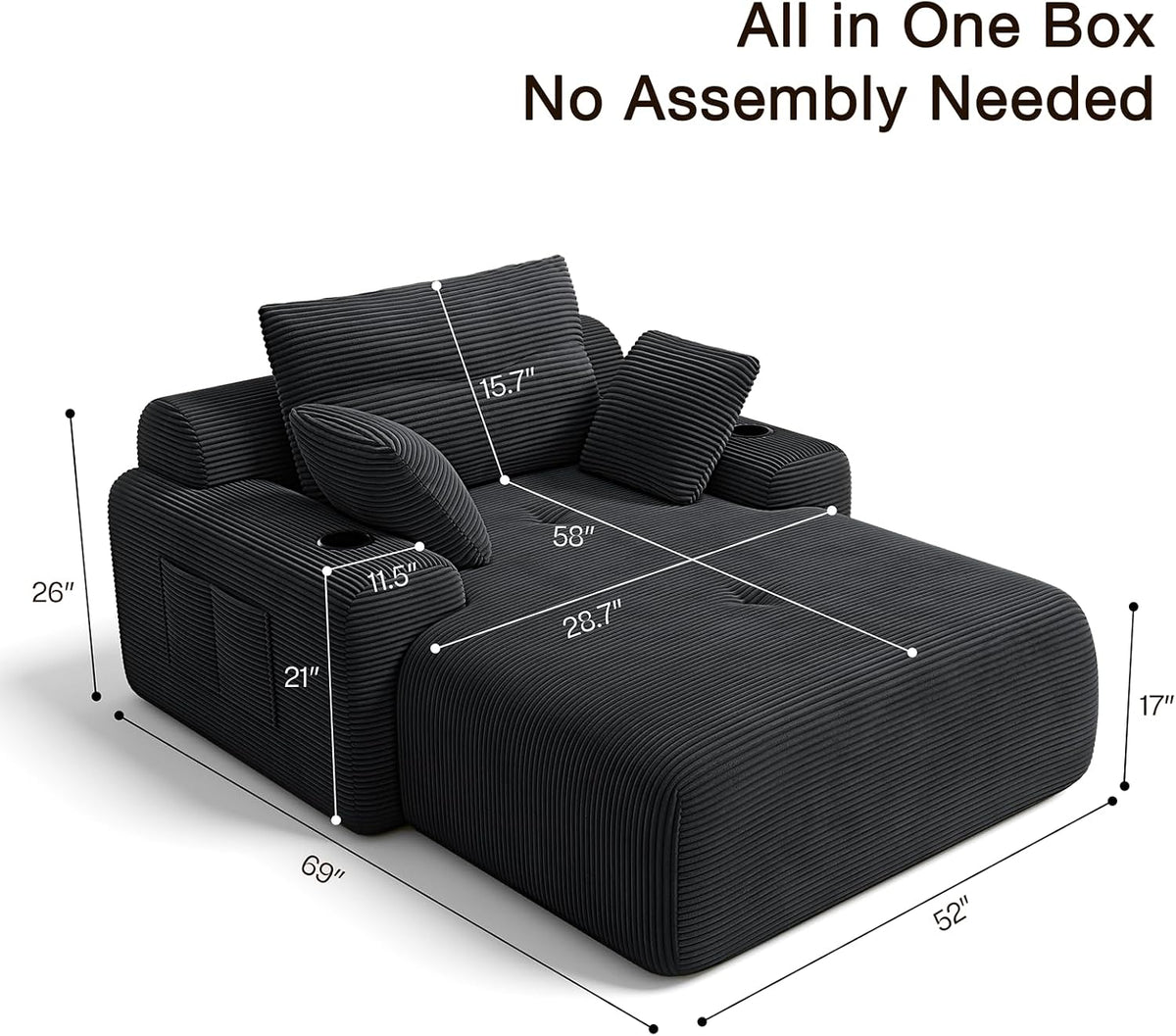 69” Oversized Chaise Lounge Chair Indoor, Soft Boneless Chaise Lounge Reading Chairs with 4 Side Pockets and 2 Cup Holders, Comfy Corduroy Sleeper Sofa Bed for Living Room Bedroom, Black