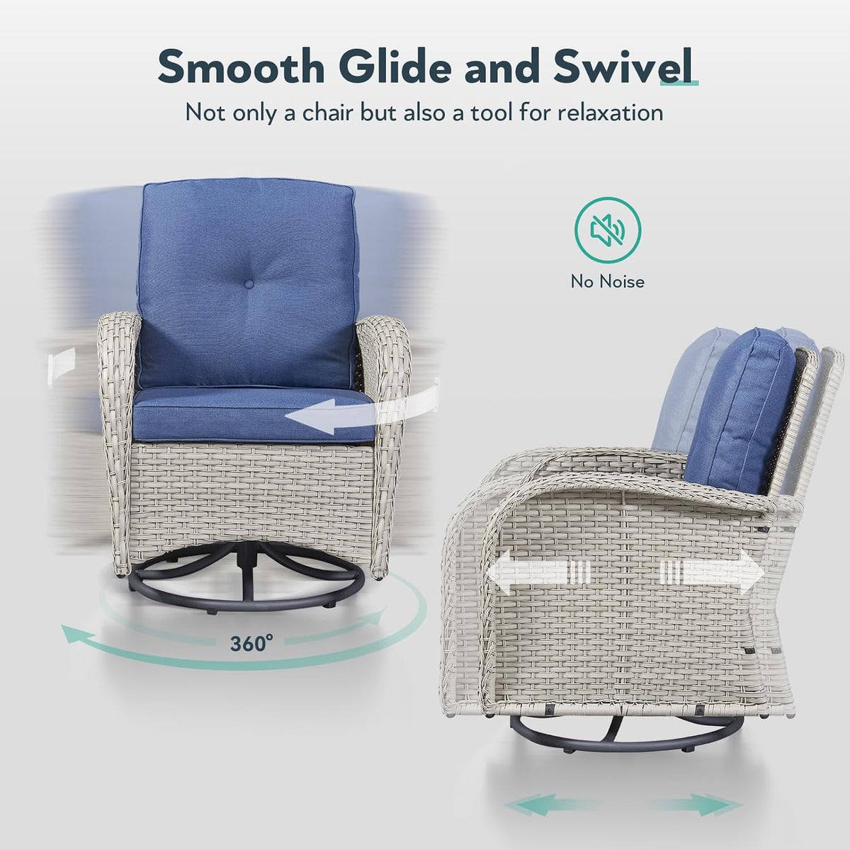 5 Piece Patio Furniture Set - Wicker Patio Conversation Set with Swivel Glider, Loveseat Bench, Tempered Glass Side Table and Coffee Table for Deck Backyard - Light Beige Wicker Blue Cushion