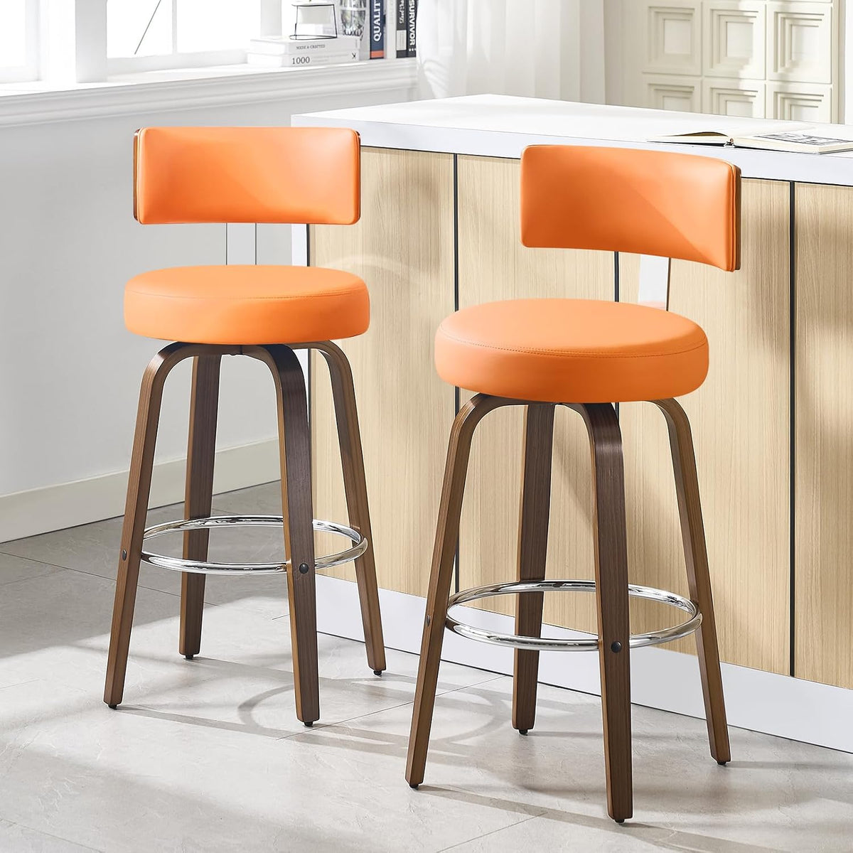 Bekrvio Swivel Counter Height Bar Stools Set of 2, Faux Leather Kitchen Stools Upholstered Barstools with Back, Walnut Wood Legs, Mid Century Island Chairs Counter Stools, 26" Seat Height, Orange