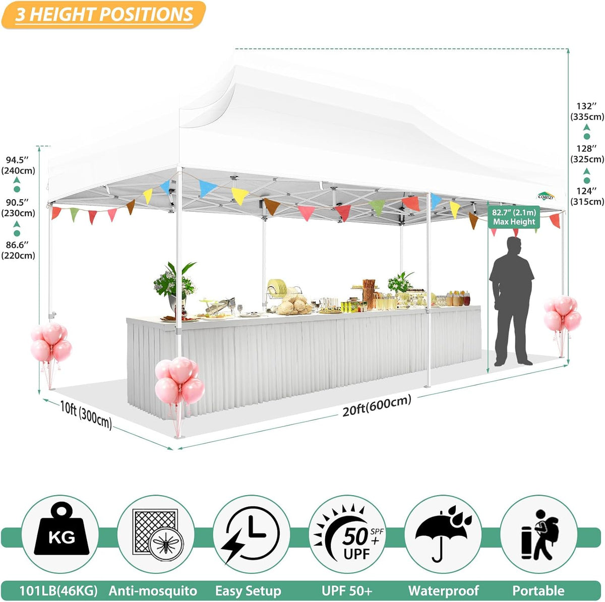 COBIZI 10x20 Heavy Duty Pop Up Canopy Tent with 6 Mosquito Netting Walls