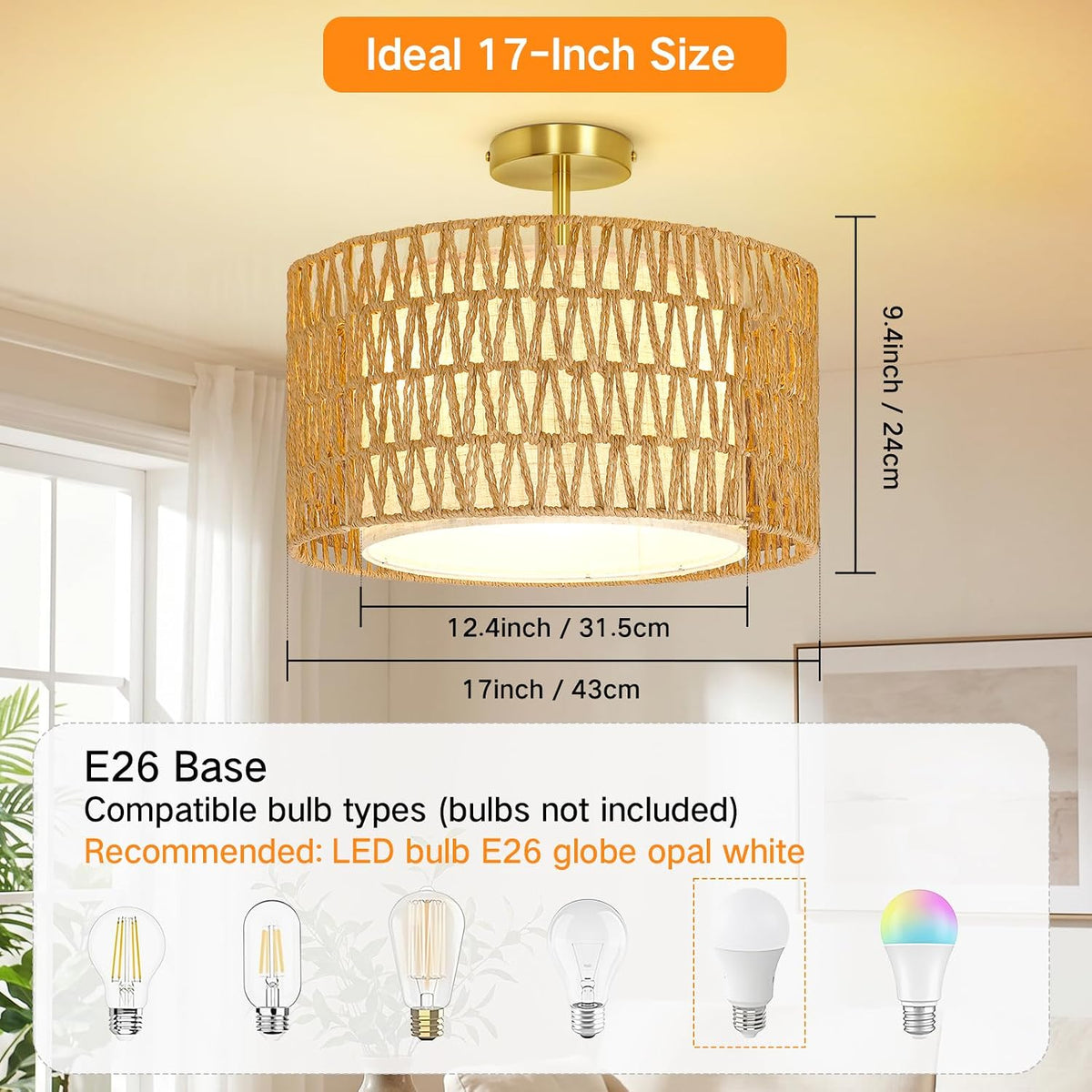 outon 17" boho rattan semi flush mount ceiling, close-up detail