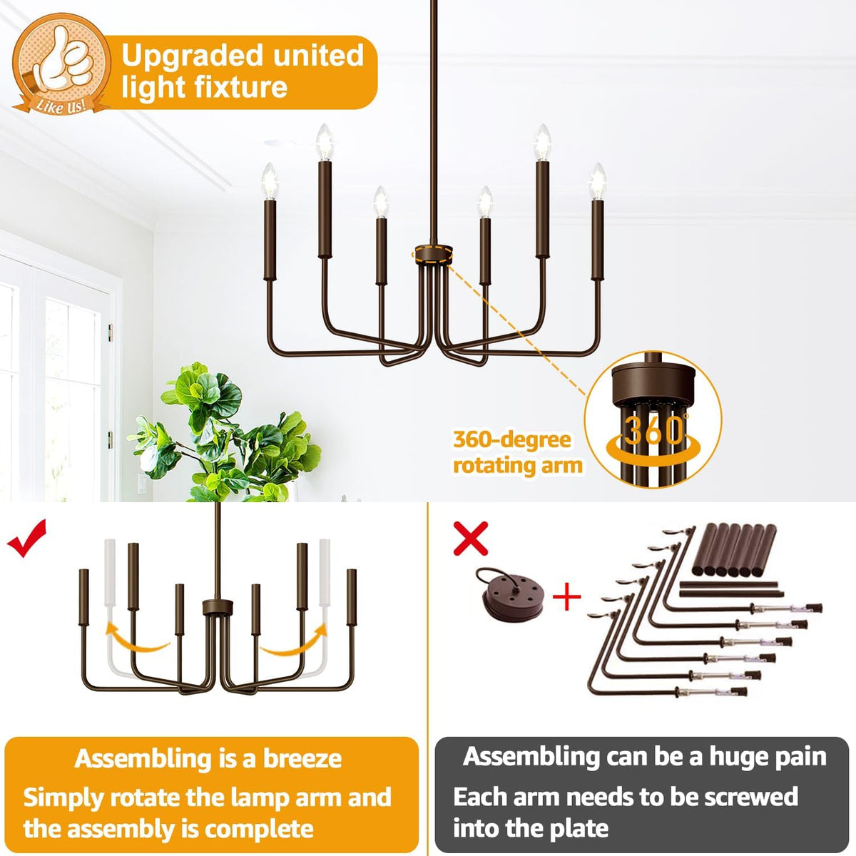6-Light Farmhouse Chandelier for Dining Room Lighting Fixtures Hanging, Oil-Rubbed Bronze Dining Light Fixtures Industrial Chandelier for Bedroom, Foyer, Hall, Kitchen, Living Room and Entryway