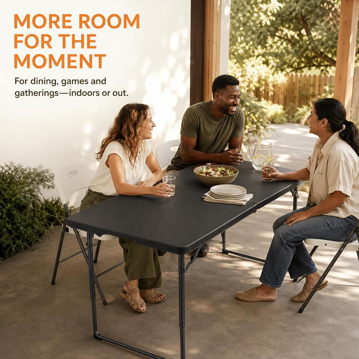 4FT Folding Table 3 Levels Adjustable Height, Heavy Duty Fold-in-Half Portable Table, 400 lbs Capacity Foldable Table for Party Dining Camping Events Picnic Outdoor Indoor Use
