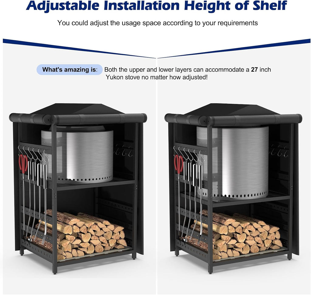 Storage Station for Solo Stove Bonfire, Yukon, Ranger, Firewood Rack Outdoor with Cover, Storage Rack for Fire Pit Accessories, with Waterproof Cover, Adjustable Shelf, Iron Black