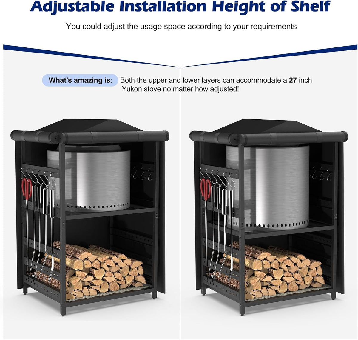 Storage Station for Solo Stove Bonfire, Yukon, Ranger, Firewood Rack Outdoor with Cover, Storage Rack for Fire Pit Accessories, with Waterproof Cover, Adjustable Shelf, Iron Black