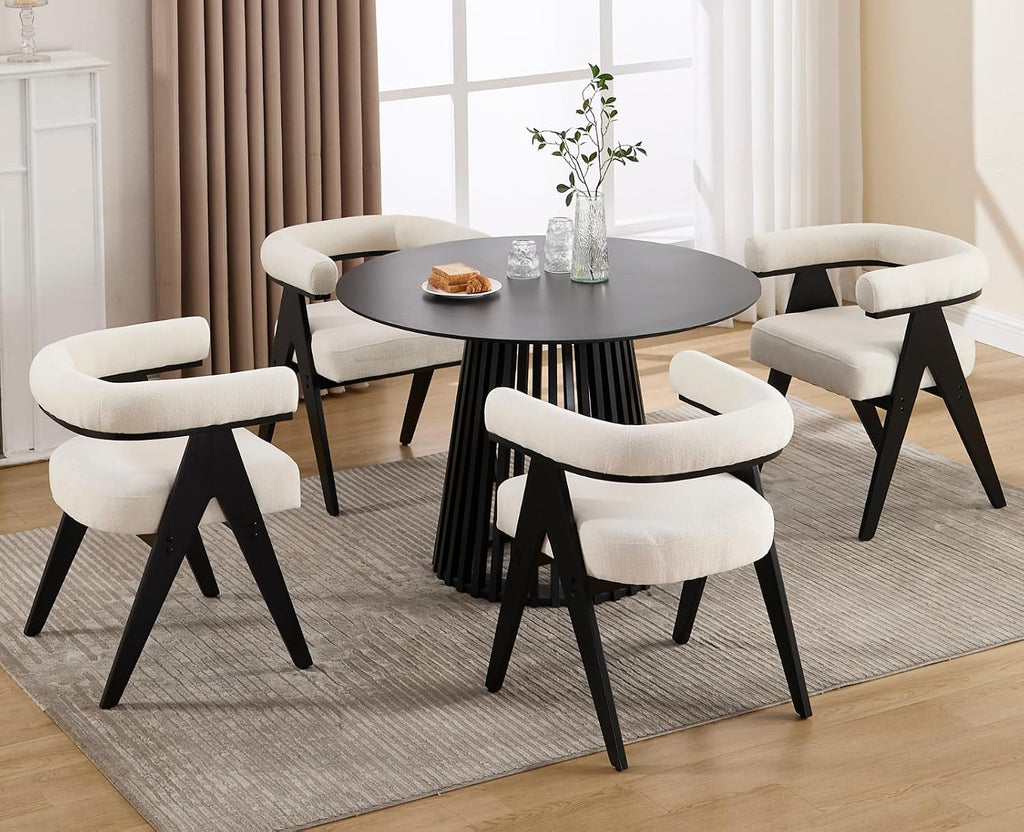 CIMOTA Barrel Wooden Dining Chairs with Arms Set of 4, Modern Fabric Upholstered Kitchen Chairs with Black Wood Legs Contemporary Armchairs Accent Side Chairs for Dining Living Room, Cream White