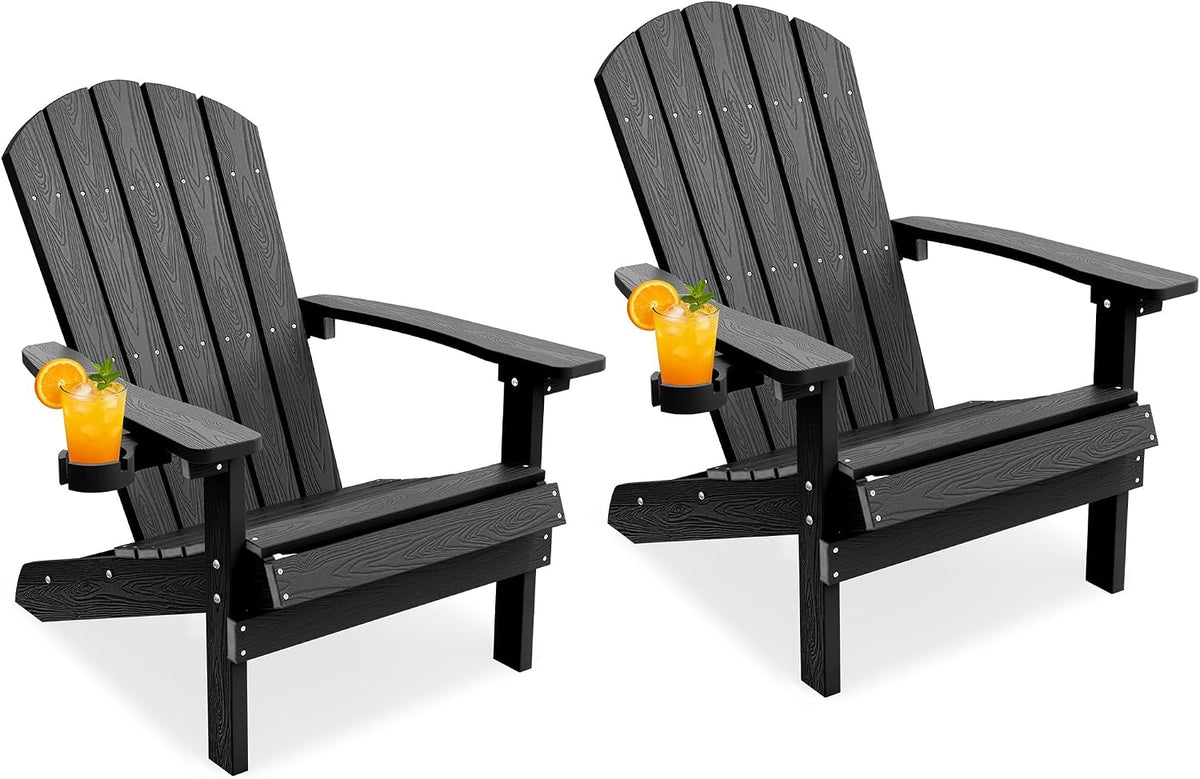 YEFU Adirondack Chairs Set of 2 with Cup Holder, Weather Resistant, Black