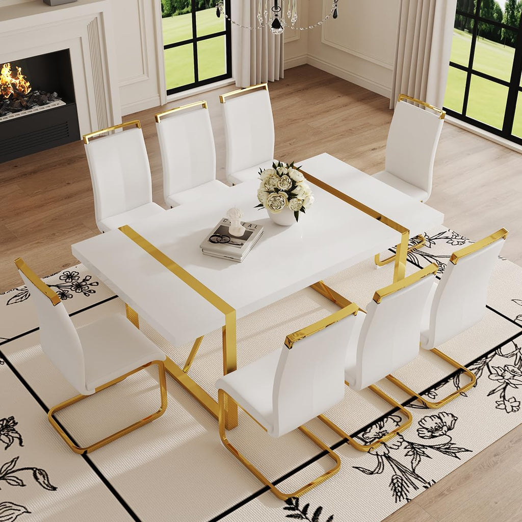 Ebullient 71“ White Dining Table, Modern Dining Room Table for 6-8, Kitchen Table with MDF Top and Gold Stainless Steels Legs, Rectangular Dining Table for Home Living Room