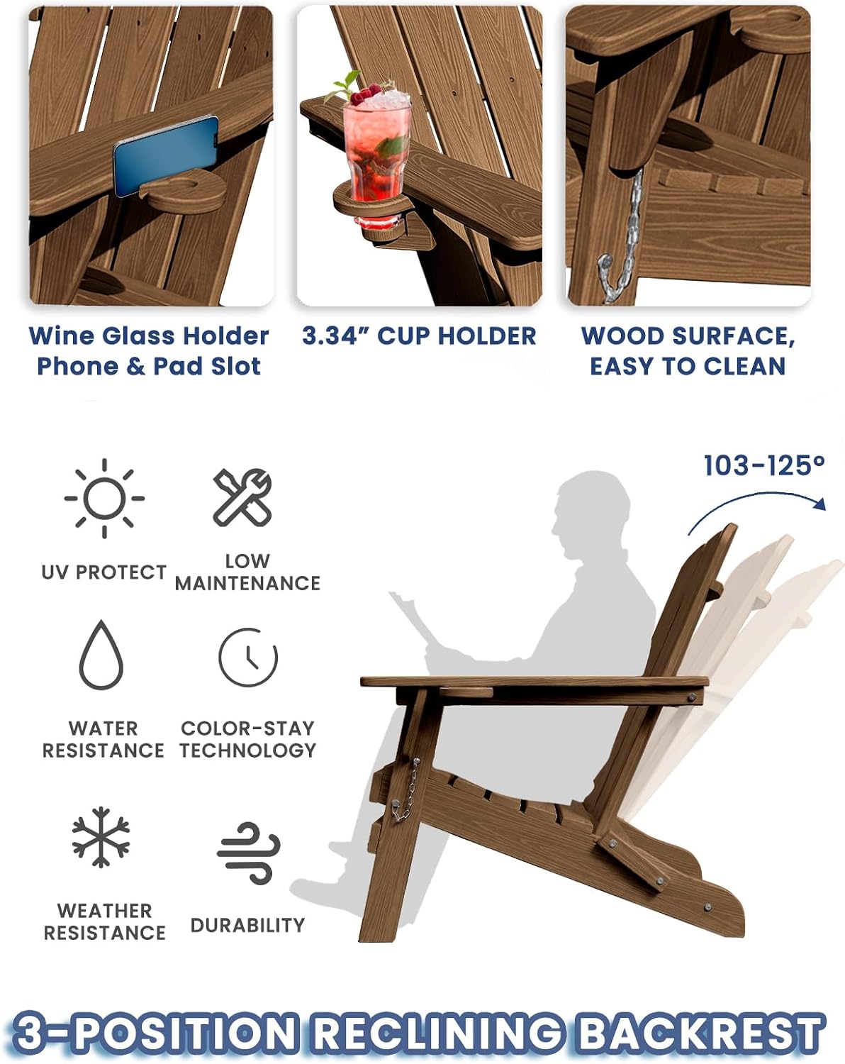 folding adirondack chair with 2 cup holders, hdpe, side view