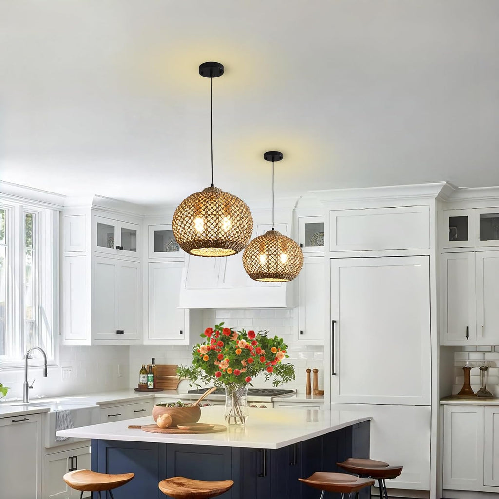 boho rattan pendant light fixture 13.79" 2-light wicker, front angle view