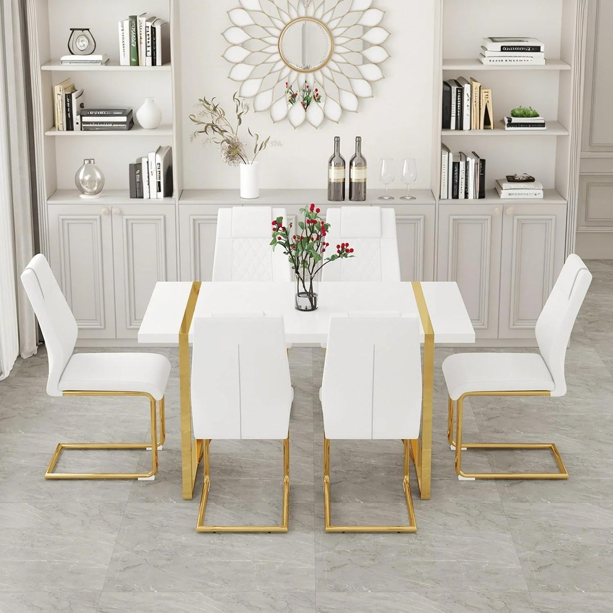 Modern Dining Table Set for 6, 55'' Dining Room Table Set with 6 Faux Leather Chairs, White Wood Tabletop with Gold Metal Legs, Suitable for Small Space