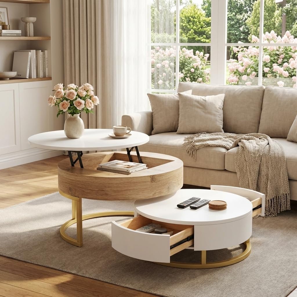 Modern Round Lift-top Nesting Coffee Tables with 2 Drawers for Living Room White & Natural