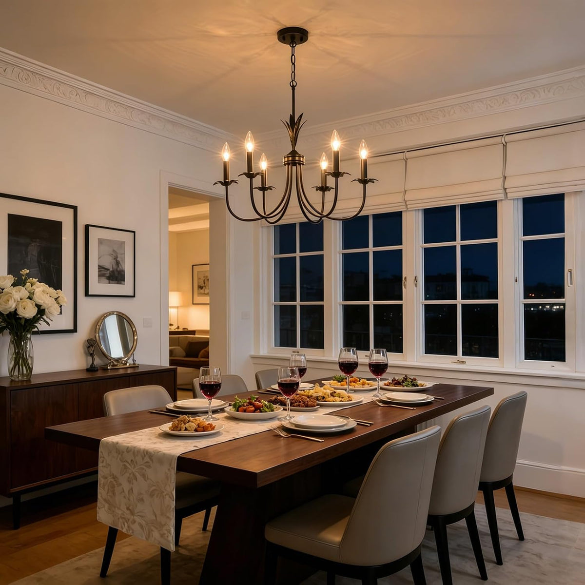 6-Light Flower Black Chandeliers for Dining Room, 26" Farmhouse Chandelier