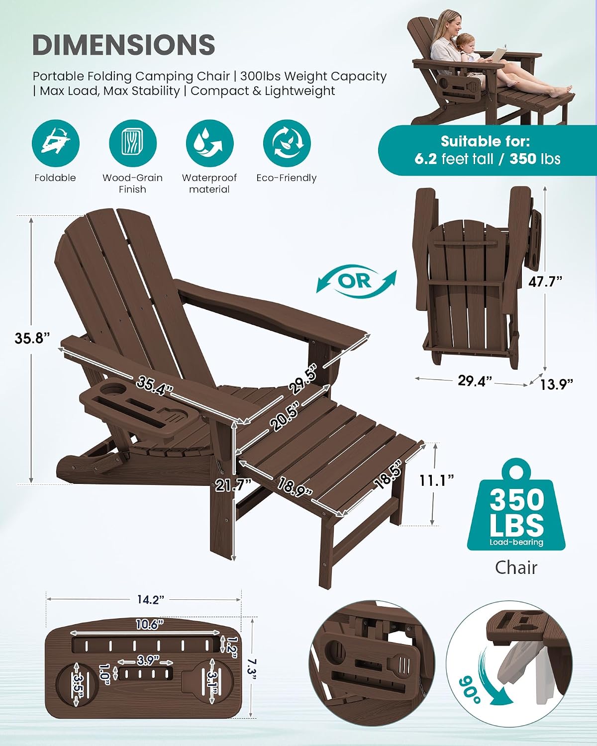 SERWALL Folding Adjustable Adirondack Chair with Footrest, HDPE Outdoor Chair with 4-in-1 Cup Holders, All Weather Adirondack Chair with Ottoman, Coffee