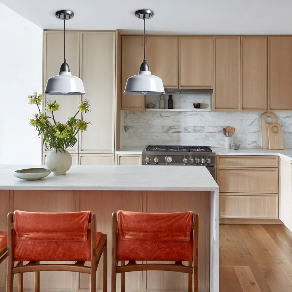 modern farmhouse white pendant light, macaron dome shown in use