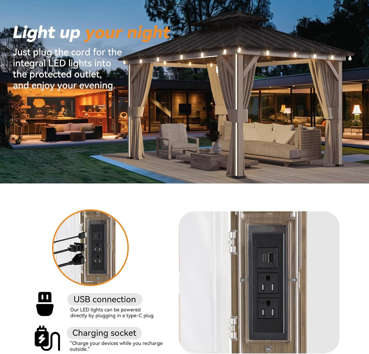 Modern Shade Hardtop Gazebo 10' x 12' with 4 Lights, Outdoor Gazebo with Galvanized Steel Double Roof, Patio Pavilion with USB and USB-C connectors, Netting and Curtains, Wood Looking