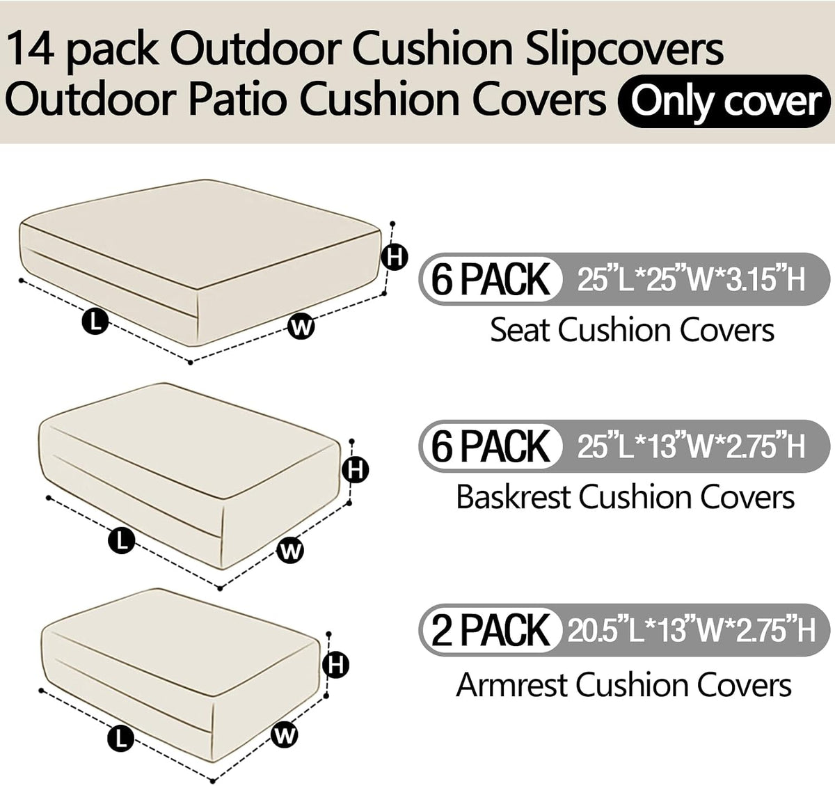 14Pieces Patio Cushion Covers Replacement Outdoor Couch Covers Splashproof UV-Resistant Furniture Cushion Sofa Slipcovers Set with Zippers,Cover Only 25×25×3.15inch